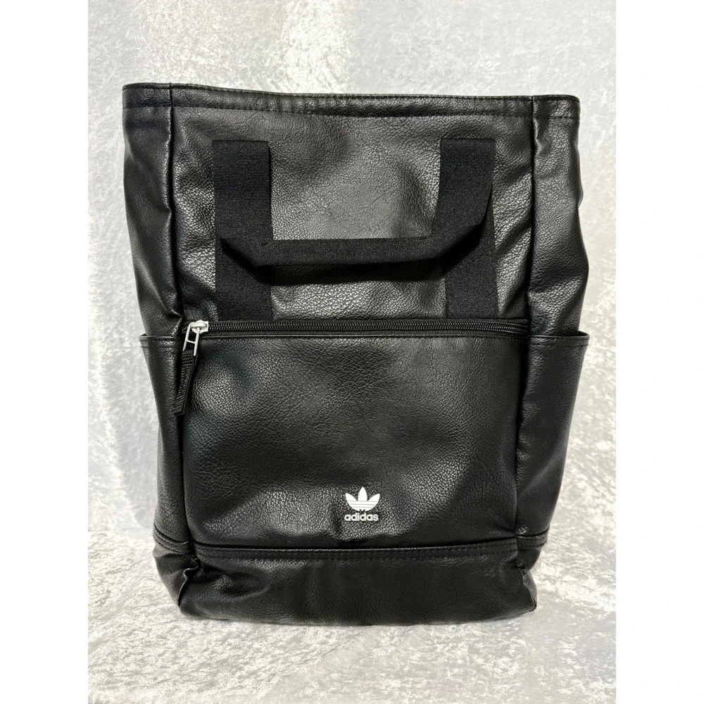 Adidas Originals Pebbled Leather Commuter Backpack Tote Black Trefoil Logo Bag